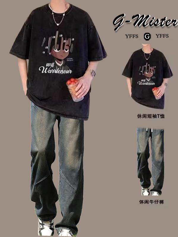 여름 남성용 레트로 워싱 디스트레스드 반팔 티셔츠 아메리칸 하이스트리트 패션 쿨하고 핸섬한 캐주얼 슈트 세트