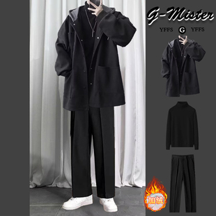 假两件毛呢大衣男士冬季加厚风衣英伦风痞帅男装一套成熟连帽外套