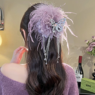 格蕾香榭蓬松气质蝴蝶羽毛绒抓夹新款流苏蓬松毛毛显发量鲨鱼夹女