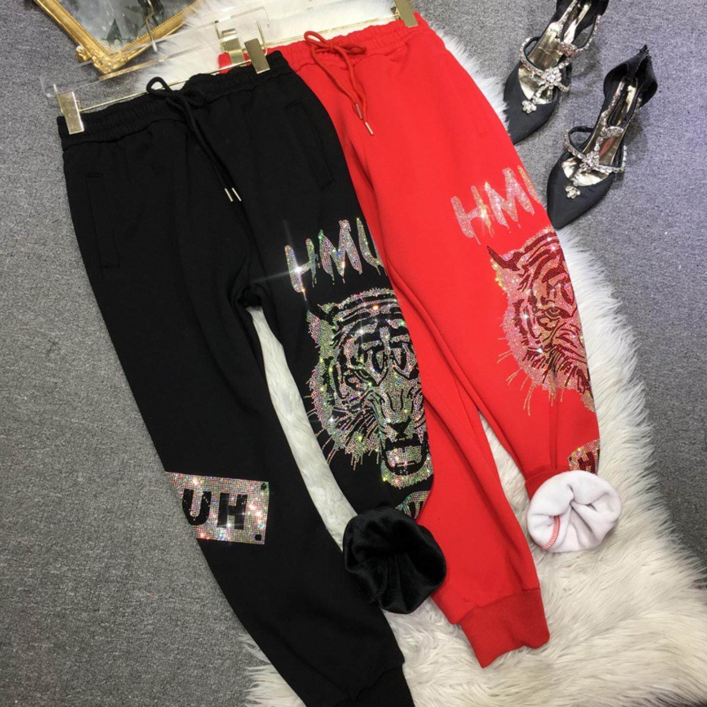 特大码2-300斤胖mm加绒加厚卫裤女欧货重工烫钻老虎头运动休闲裤
