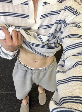 V领条纹Polo衫长袖t恤男生秋季轻薄透气冰丝防晒罩衫薄款针织上衣