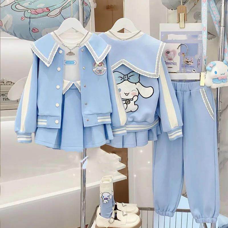 女童套装秋冬装2026新款韩版儿童棒球服外套百褶裙子长裤两件套潮
