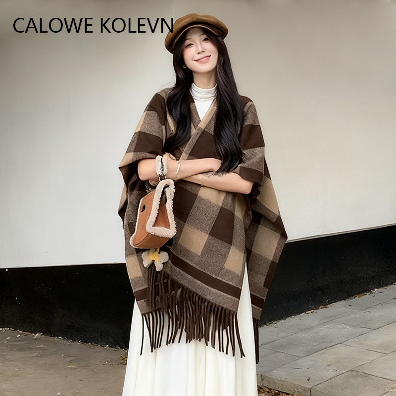 韩版千鸟格斗篷披肩女款秋冬