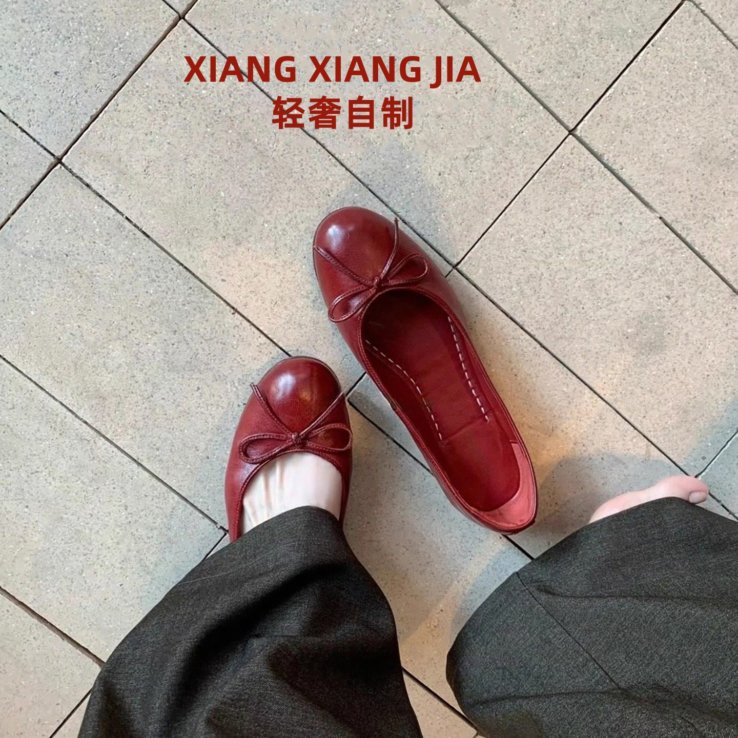巨好看圆头红色平底芭蕾鞋女外穿蝴蝶结复古真皮一脚蹬浅口单鞋