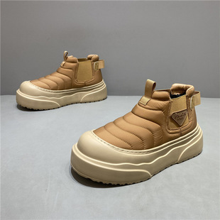 qn时尚雪地靴2025冬季加绒一脚蹬透气布面保暖棉靴厚底高帮休闲男