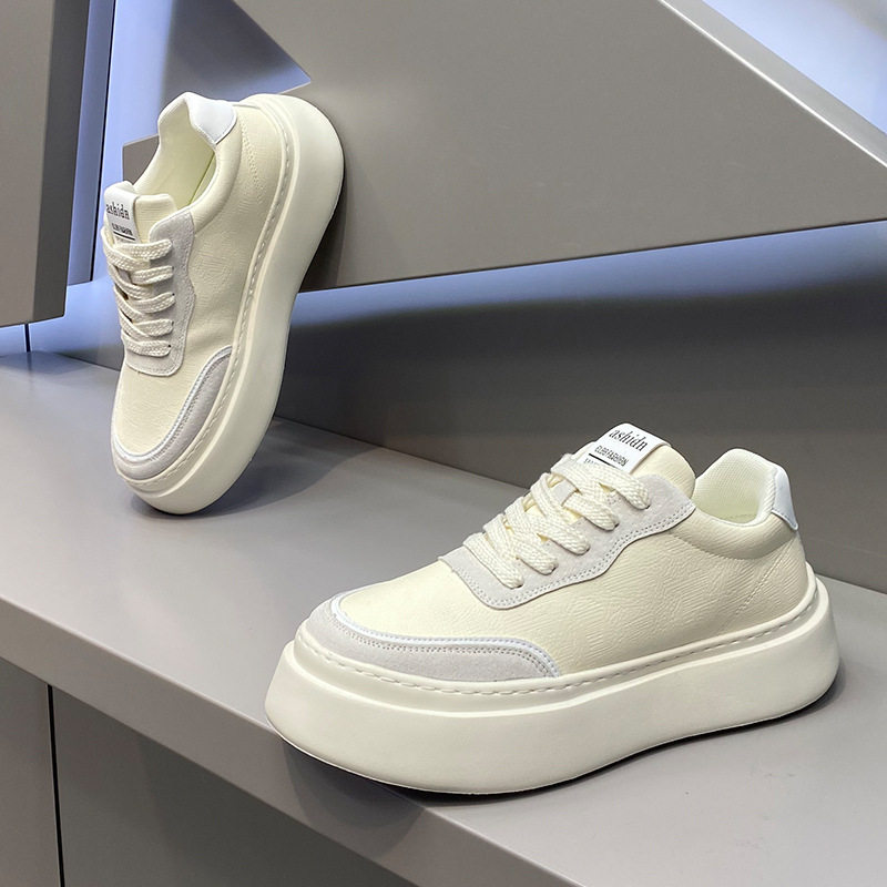 yj男鞋2025秋季新款时尚百搭小白鞋低帮厚底板鞋皮面松糕底休闲鞋