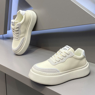yj男鞋2025秋季新款时尚百搭小白鞋低帮厚底板鞋皮面松糕底休闲鞋
