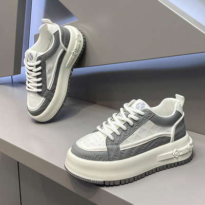 jj男鞋2025早秋新款时尚百搭小白鞋低帮厚底板鞋皮面透气系带休闲