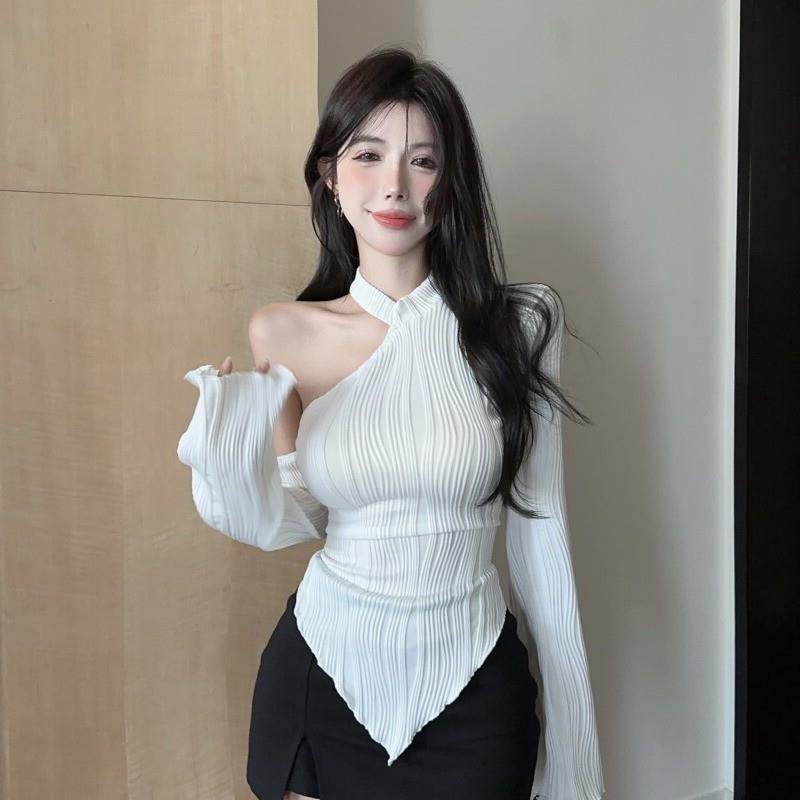 纯欲辣妹白色露肩T恤女装秋冬性感薄款长袖不规则上衣百搭打底衫