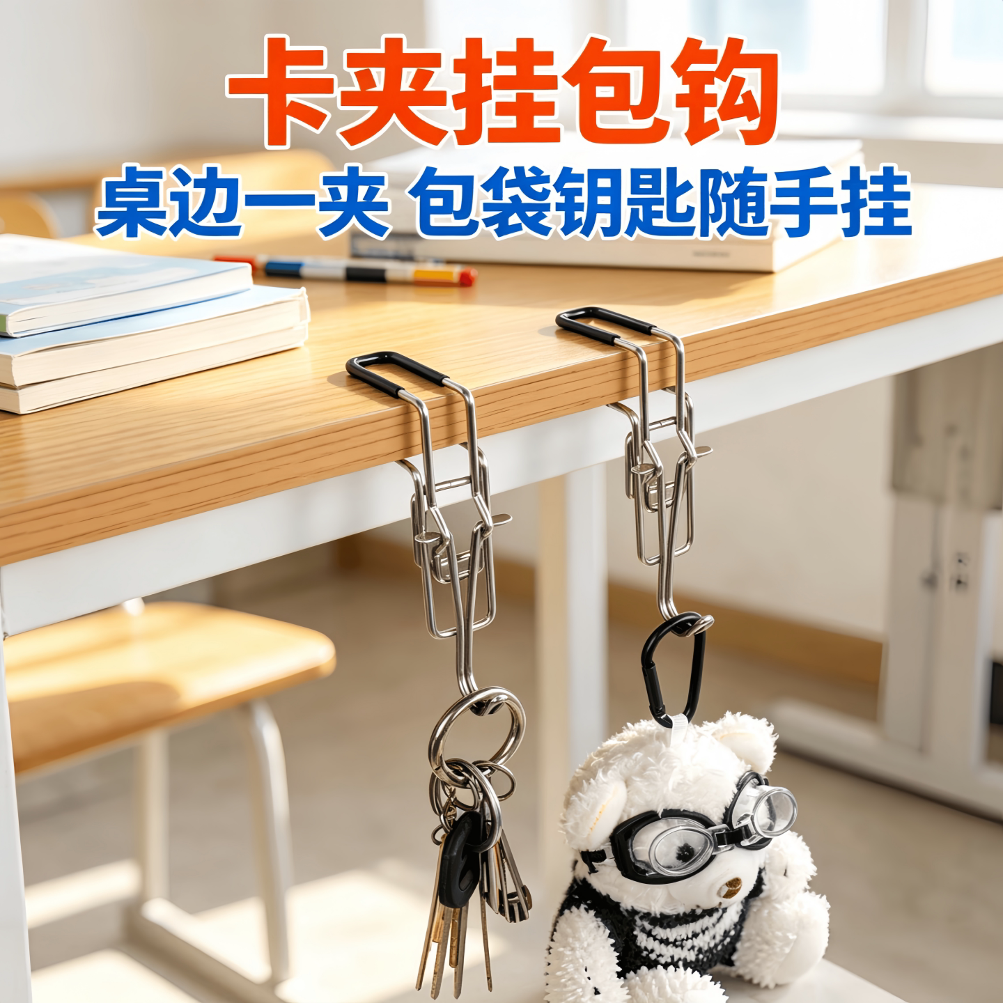 不锈钢桌板夹挂钩书包夹露营夹防滑挂钩免打孔挂钩可伸缩调节便携