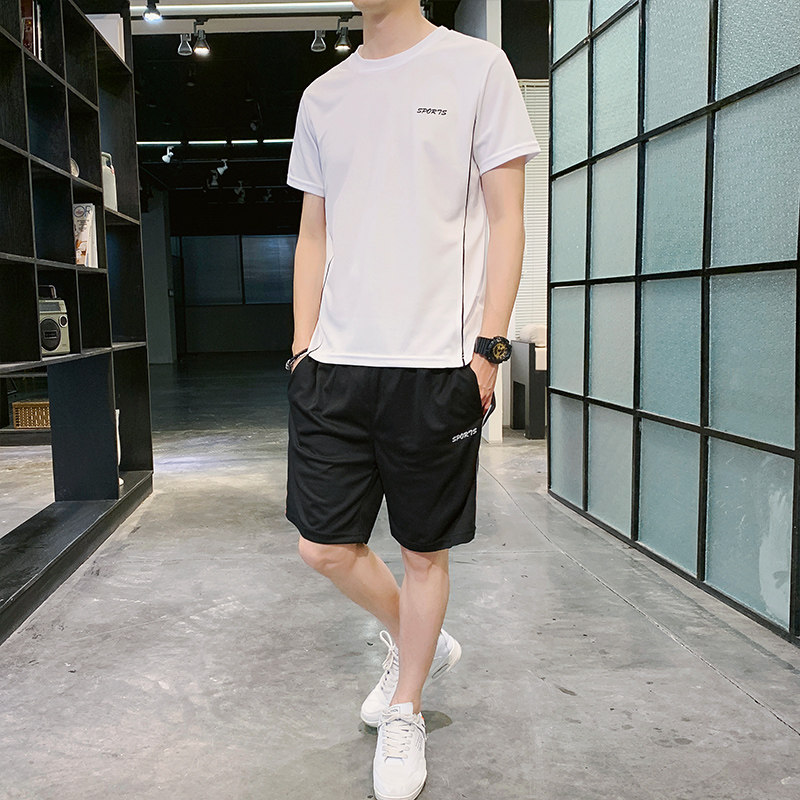 速干套装男2022款夏休闲运动圆领T恤套装青年男士韩版潮流两件套