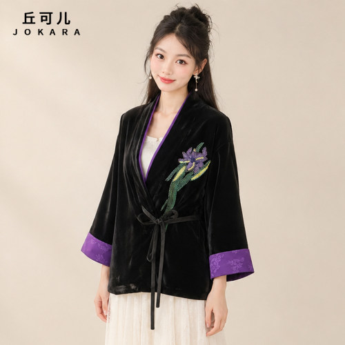 Jokara/丘可儿【紫鸢花】轻奢钉珠亮片V领一粒扣丝绒外套女秋冬