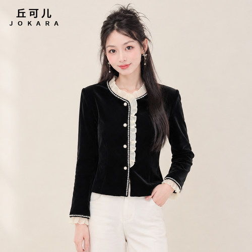 Jokara/丘可儿【镜花眠】小香风气质丝绒木耳领上衣百搭黑色衬衣