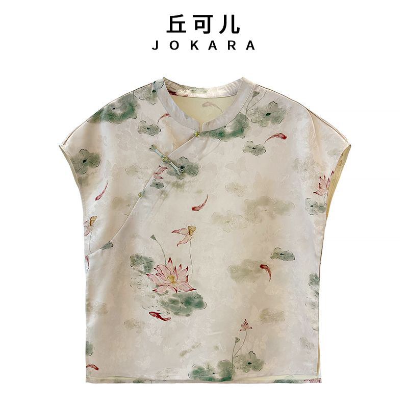 Jokara/丘可儿（莲春衫）新中式斜襟盘扣锦鲤印花T恤