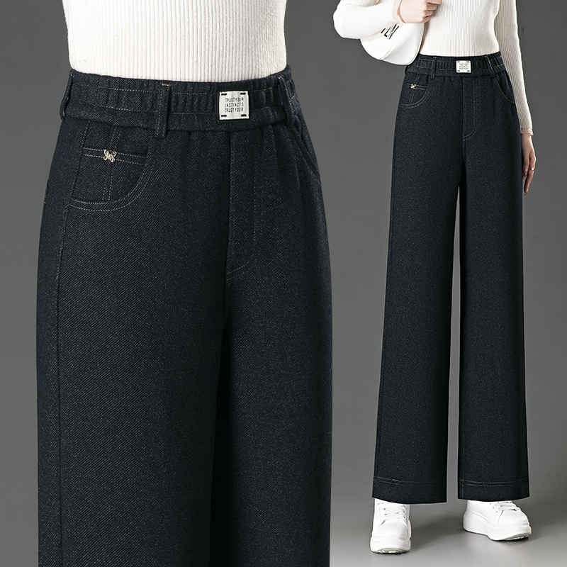 春秋羊绒窄版阔腿休闲裤子女2025新款高腰弹力松紧腰宽松直筒长裤