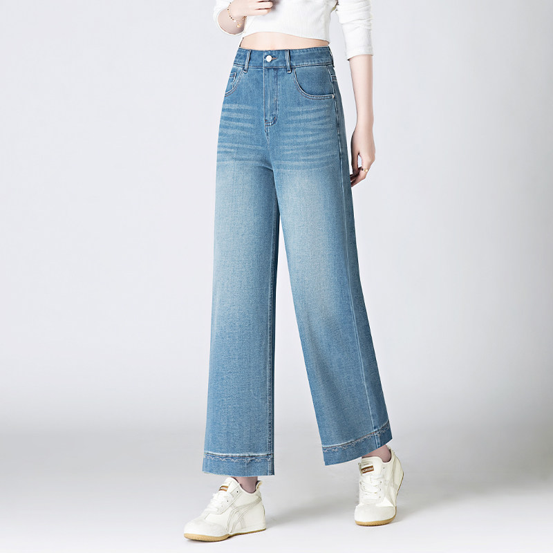 春秋窄版阔腿牛仔裤子女新款九分高腰宽松妈妈显瘦小个子直筒裤