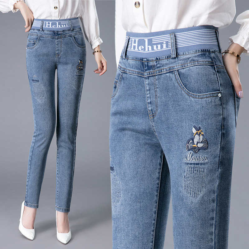 春秋小脚牛仔休闲裤子女新款高腰弹力修身显瘦松紧妈妈大码长裤