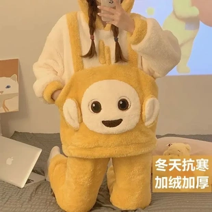 秋冬季天线宝宝加绒珊瑚保暖法兰绒加厚可爱睡衣卡通家居服套装