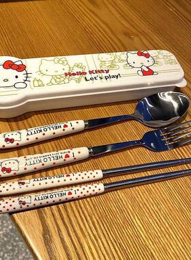 哈喽kitty餐具套装不锈钢叉子学生陶瓷手柄哈喽kt勺子凯蒂猫筷子