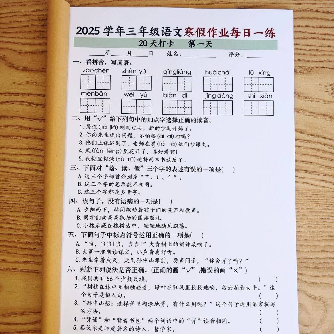 2025新三年级寒假作业计划语文数学各五道题型每日一练21天上册