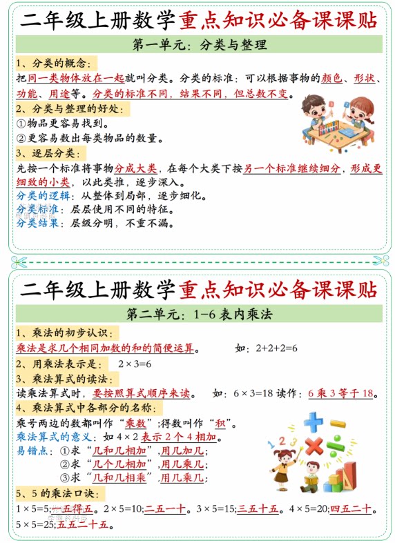 26新人教版一二三四五六年级上册数学重点知识课课贴不干胶带背胶