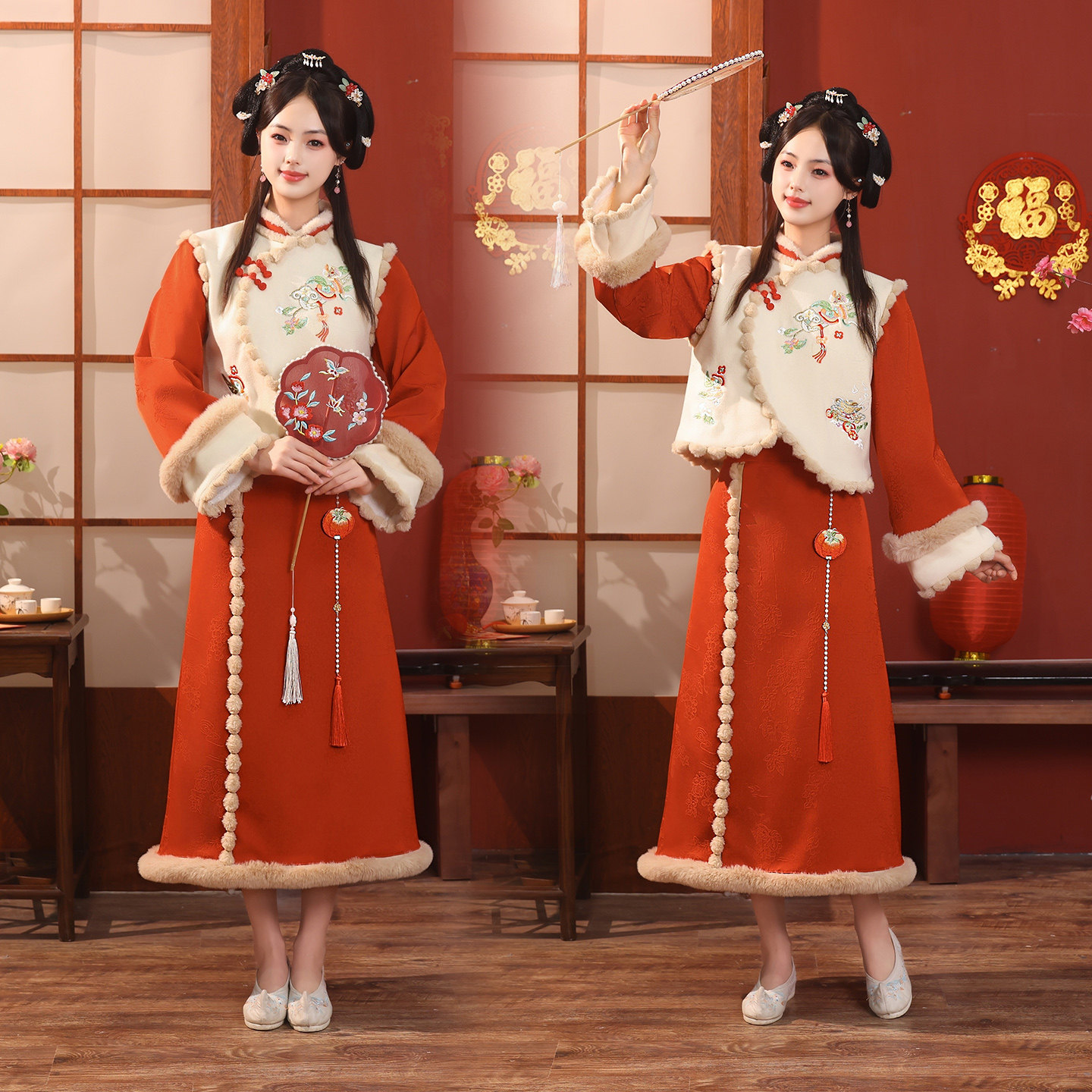 新中式红色汉服玉如意套装女秋冬加绒毛绒边国风古装春节拜年服,女装/女士精品,汉服套装,淘宝优惠券,粉丝福利购,淘宝优惠卷