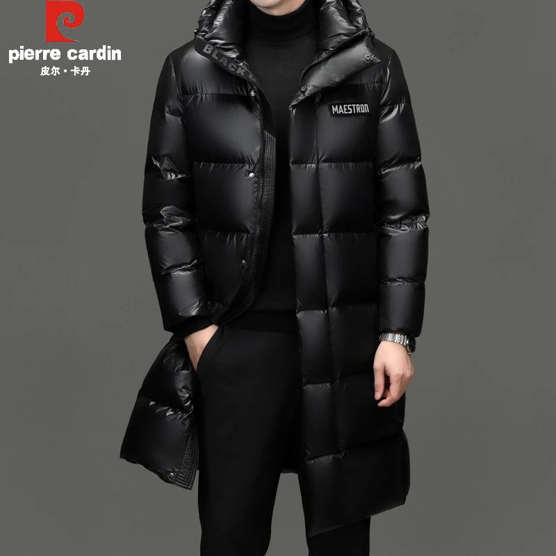 皮尔卡丹男士长款过膝白鸭绒羽绒服冬季新款户外加厚保暖连帽外套