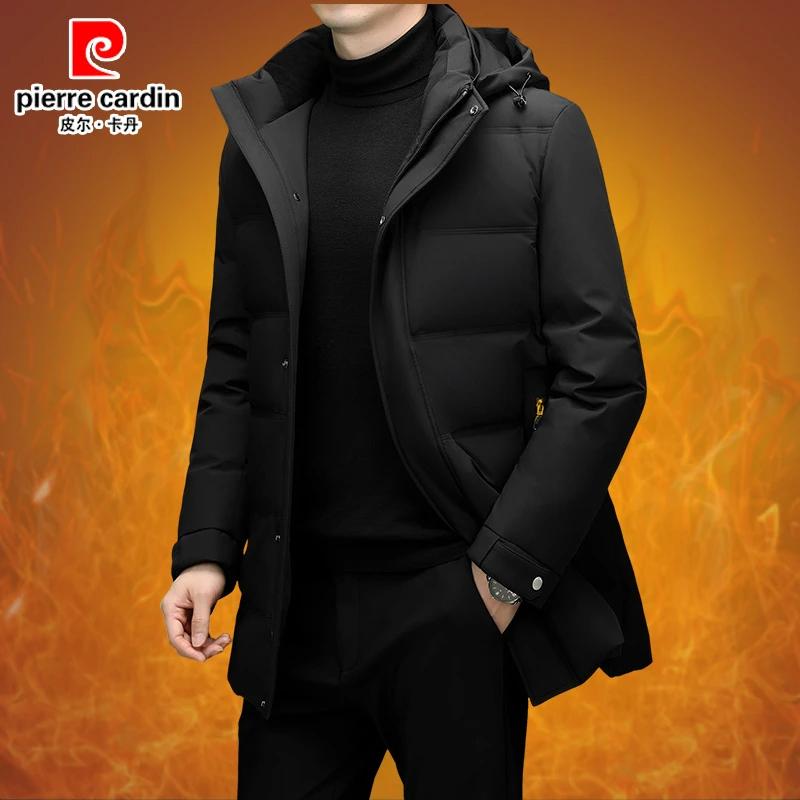 皮尔卡丹男士中长款白鸭绒羽绒服中年时尚商务休闲可拆卸连帽外套