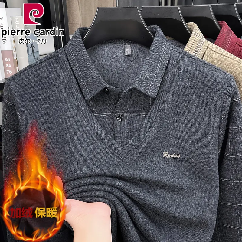 皮尔卡丹男士加绒保暖衬衫领假两件冬季加厚中老年爸爸毛衣打底衫