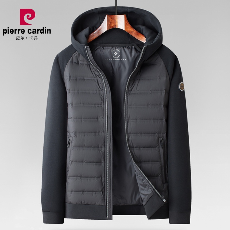 皮尔卡丹【鹅绒保暖】男士连帽轻薄羽绒服2025秋冬季新款拼接外套
