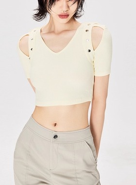 ARTBRUT弹力针织/辣妹露肩T恤短款女夏季设计感短袖上衣时尚小衫