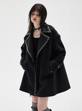 ARTBRUT铆钉大翻领 宽松斗篷双面呢大衣女 小个子短款毛呢外套冬