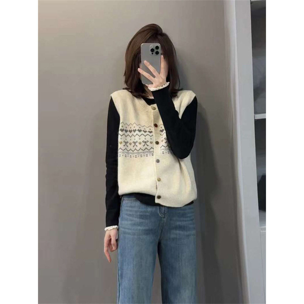 复古减龄chic圆领无袖上衣针织开衫秋冬软糯坎肩马甲单排扣背心女