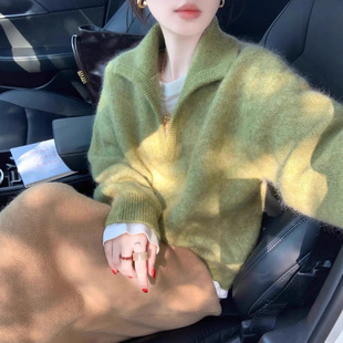 欧货老钱风绿色v领马海毛毛衣女秋慵懒高级感加厚翻领针织上衣
