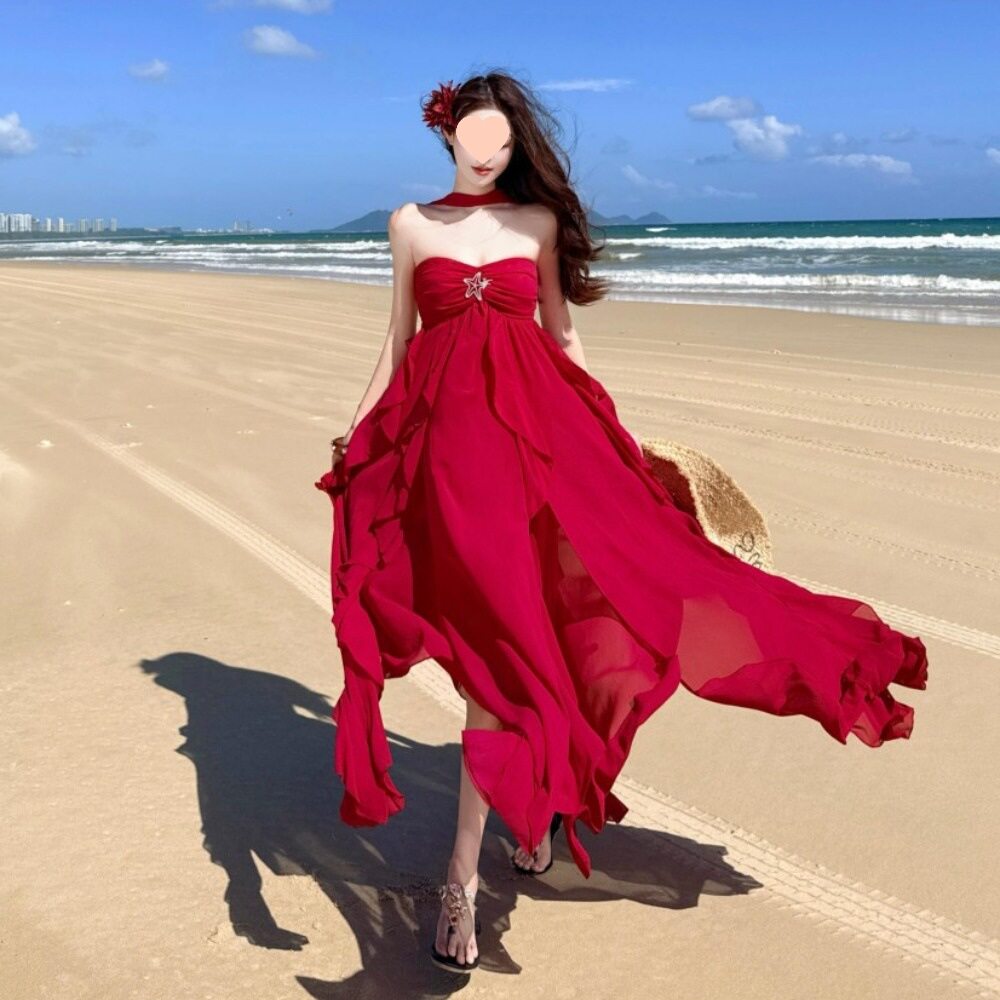 海边氛围感长裙超仙度假风小众挂脖抹胸连衣裙女气质显瘦荷叶边裙