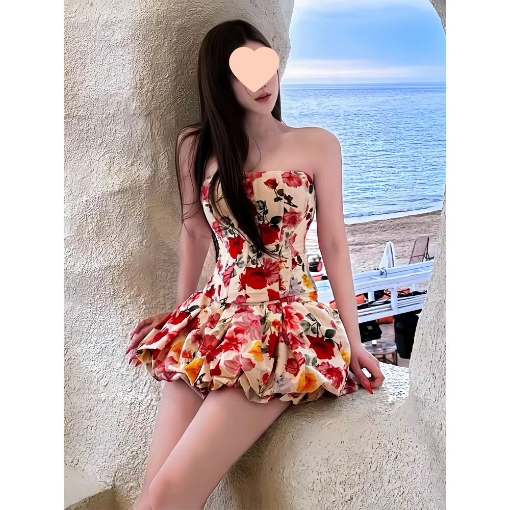 夏日碎花套装裙女2026新款法式鱼骨抹胸上衣蓬蓬花苞半身裙两件套