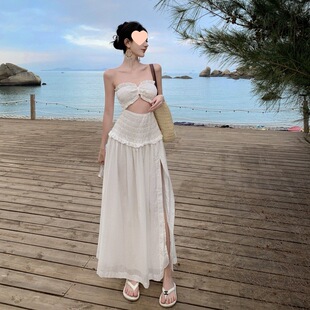 抹胸白色一字肩长裙度假风连衣裙纯欲温柔风性感纯白气质露腰长裙