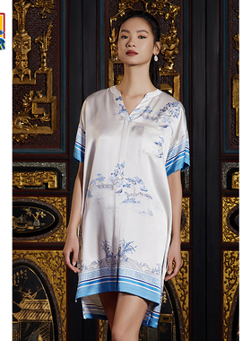 皇锦衬衫式真丝睡裙睡衣家居服连衣裙HJ21375