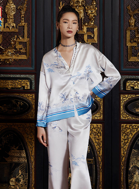 皇锦真丝小立领长裤分身家居服套装HJ21372