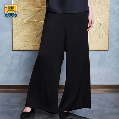 【皇锦】含桑蚕丝混纺A型黑色夏季宽松舒适带口袋阔腿裤-HJ51051
