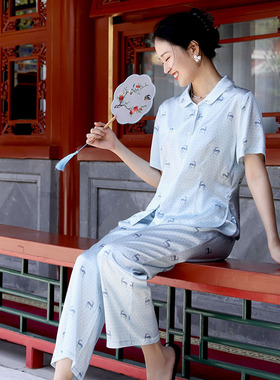 皇锦真丝印花夏季短袖开襟分身睡衣家居服-球路纹HJ21504