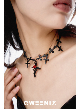 QWEENIX 原创高级感小众十字架项链女红玫瑰高级感暗黑风锁骨链