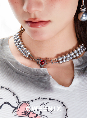 QWEENIX  甜酷巴洛克风轻奢小众设计夸张仿珍珠爱心镰刀锁骨链