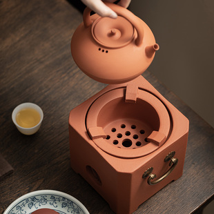 老式围炉潮州红泥方形小火炉手作砂铫壶跳盖木炭炭火炉煮水套装