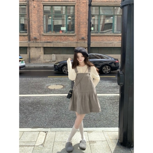 张爆爆 色纺羊毛混纺背带连衣裙女灰色显瘦小个子背带裙
