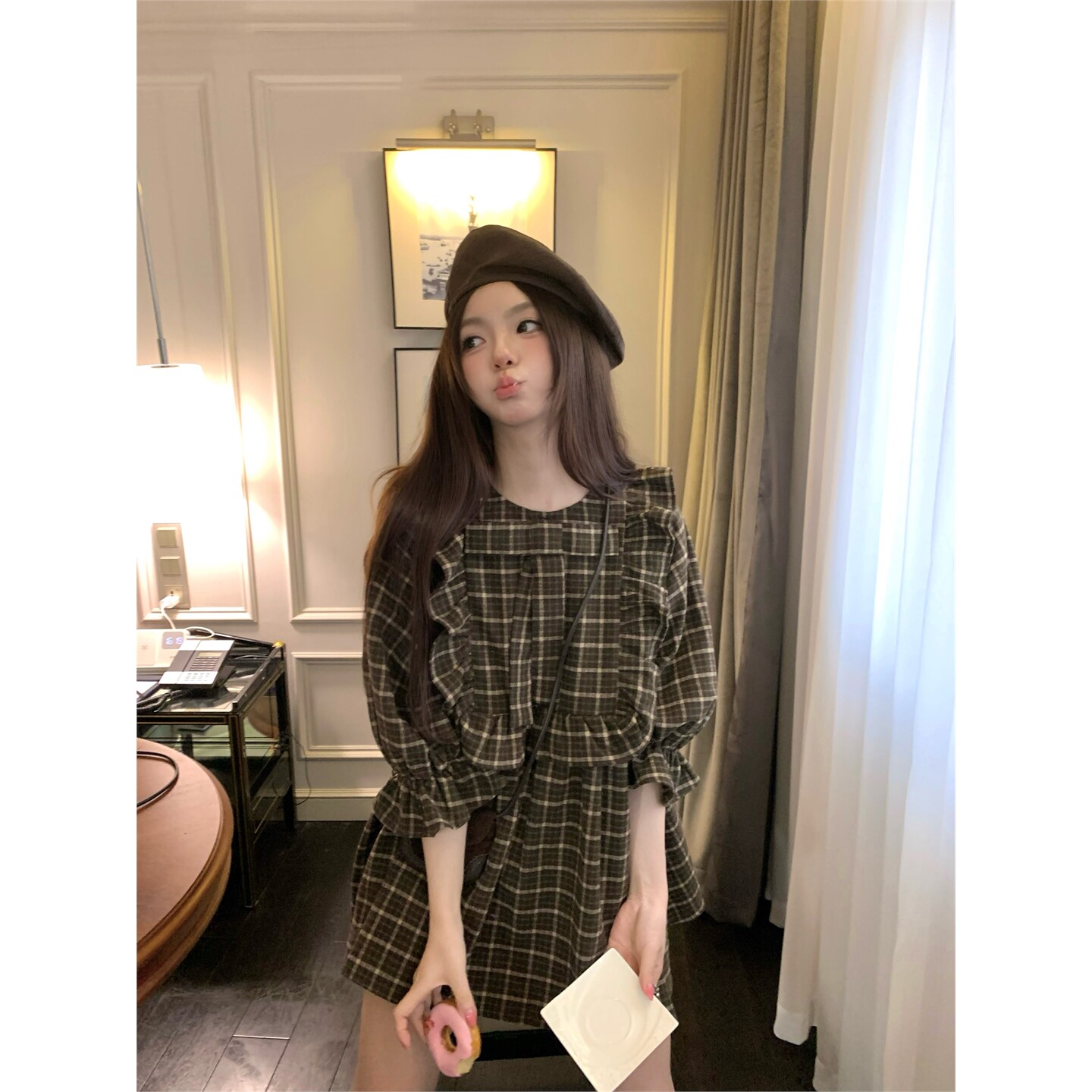 张爆爆 羊毛混纺复古学院风格纹连衣裙女显中袖气质裙