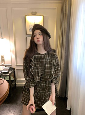 张爆爆 羊毛混纺复古学院风格纹连衣裙女显中袖气质裙