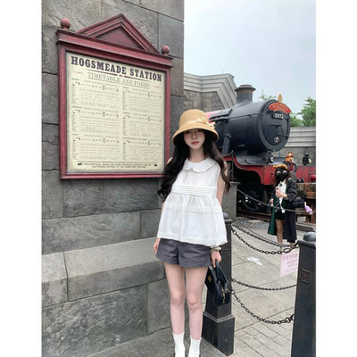 张爆爆 重工压褶藏青娃娃衫褶皱小个子衬衫甜美减龄公主风上衣