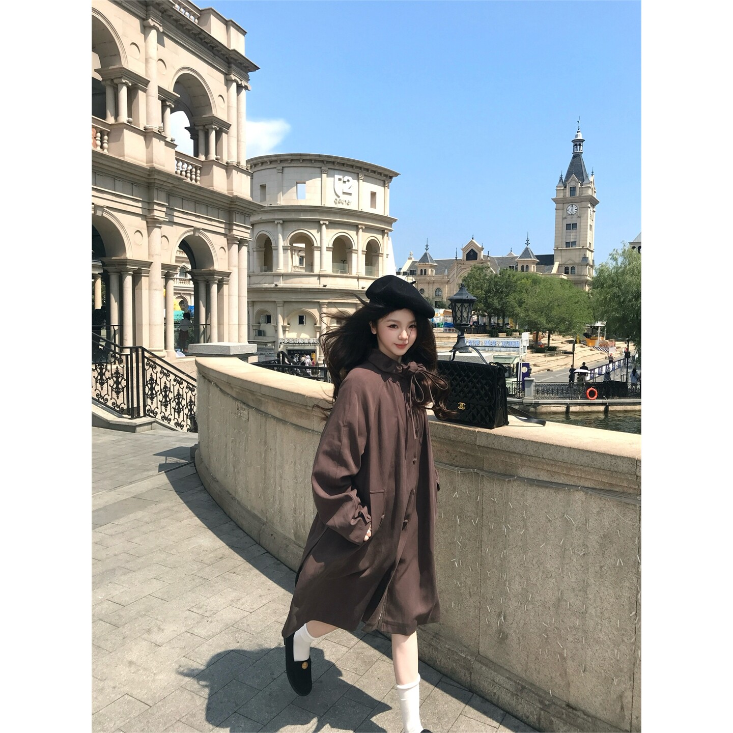 张爆爆 抗皱亚麻混纺花苞领系带风衣女中长款高级廓形外套小个子