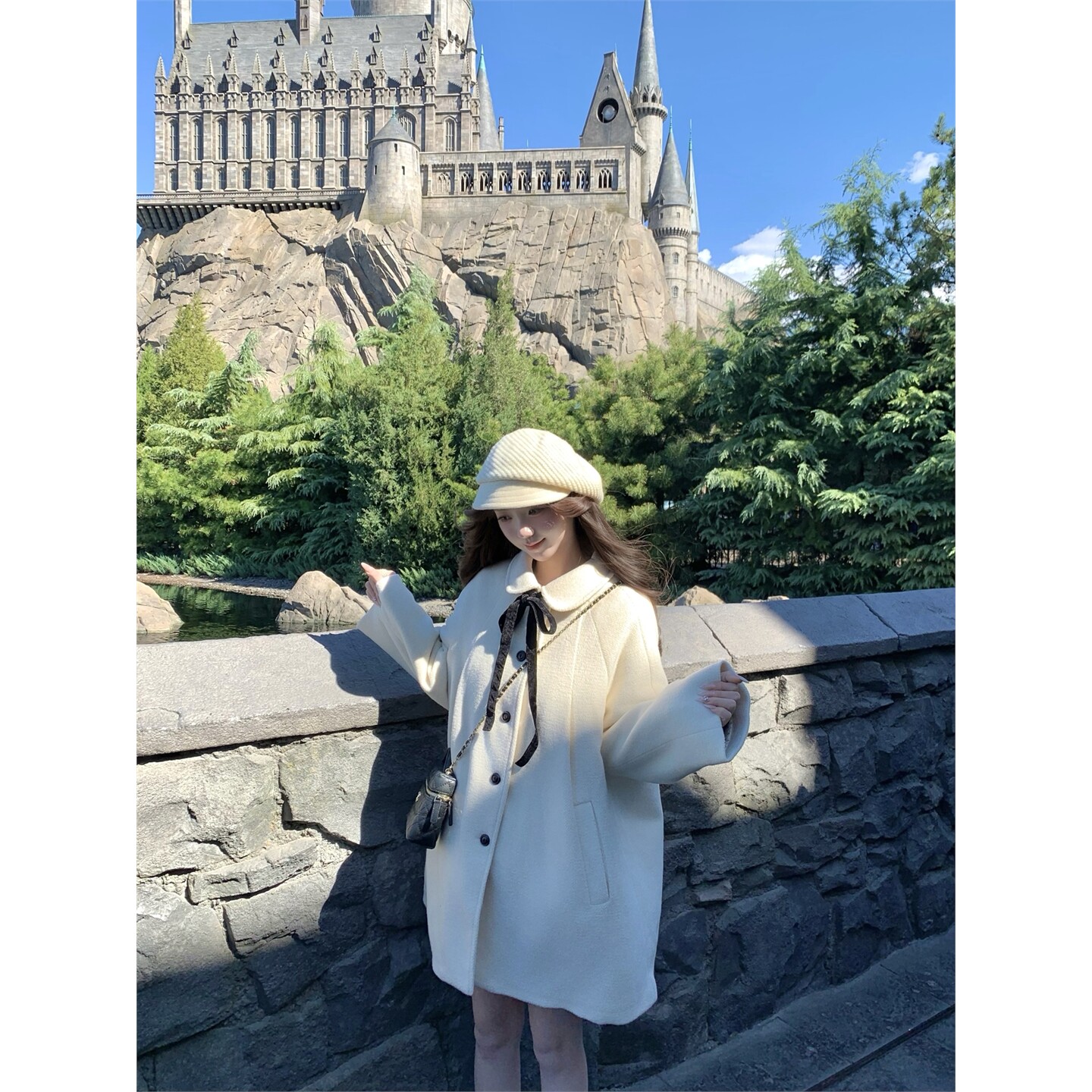 张爆爆 白色夹棉毛呢外套慵懒风外套女中长款娃娃领小个子呢大衣